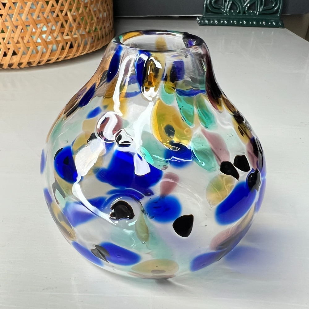 Vintage Signed Studio Art Glass Vase 4 in Cobalt Blue Amber Aqua Spot Pattern - Picture 3 of 10